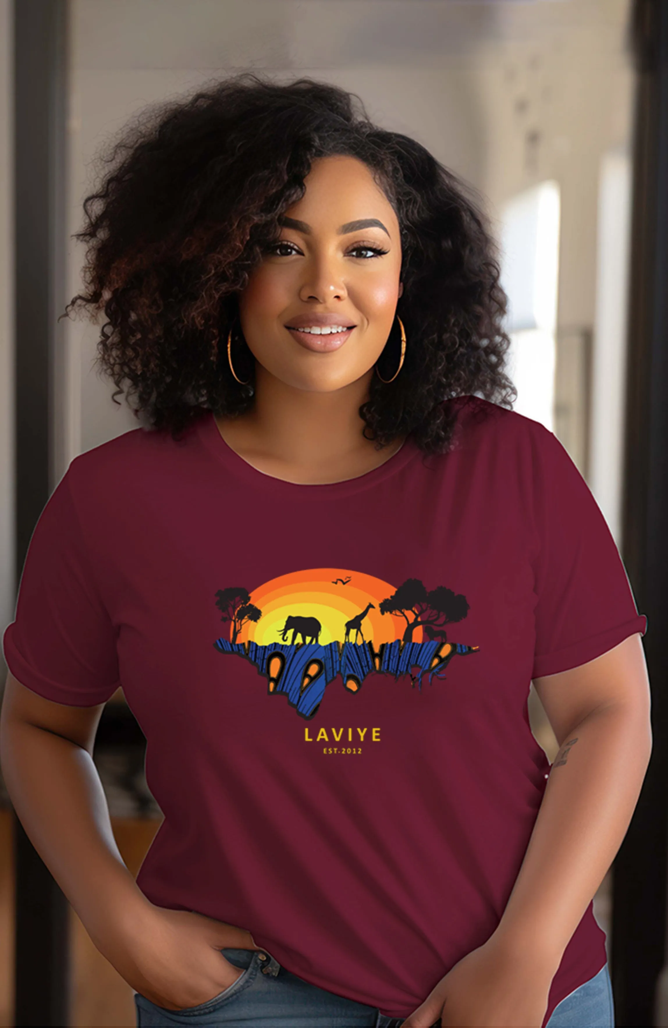 Maroon African Safari Graphic T-shirt Unisex African Print T-Shirt  | ENUGU