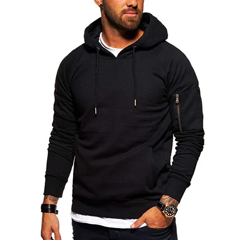 Men's Sports Sweatshirt Personalized Hooded Pullover Solid Color Sweatshirt Arm Pockets Casual Top