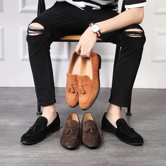 Men's Suede Slip-On Loafers with Tassels – Comfortable Leather Peas Shoes