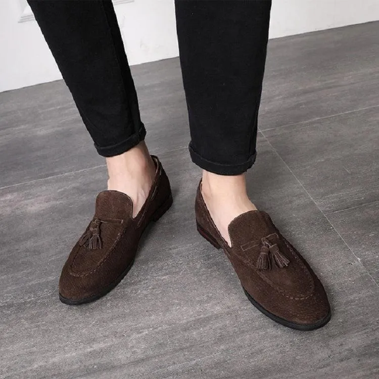 Men's Suede Slip-On Loafers with Tassels – Comfortable Leather Peas Shoes