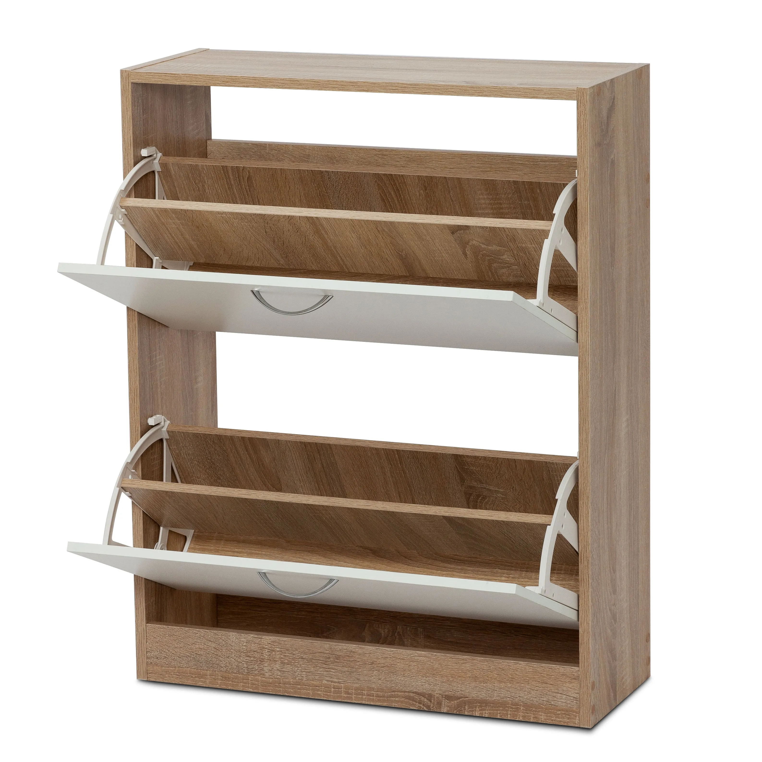 Modern Shoe Rack, Natural Wood Grain/White Color, 2 Drawer Flaps