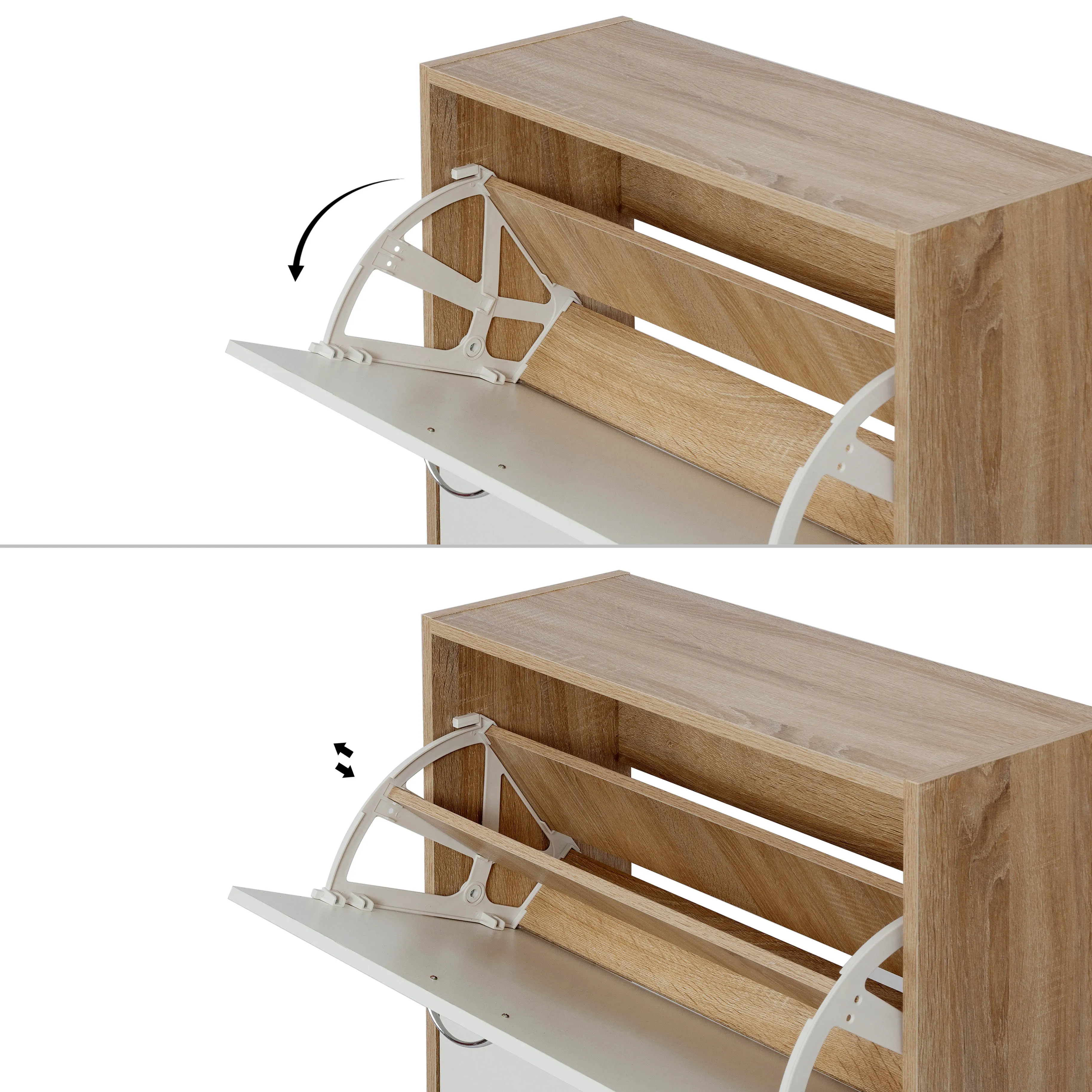 Modern Shoe Rack, Natural Wood Grain/White Color, 2 Drawer Flaps