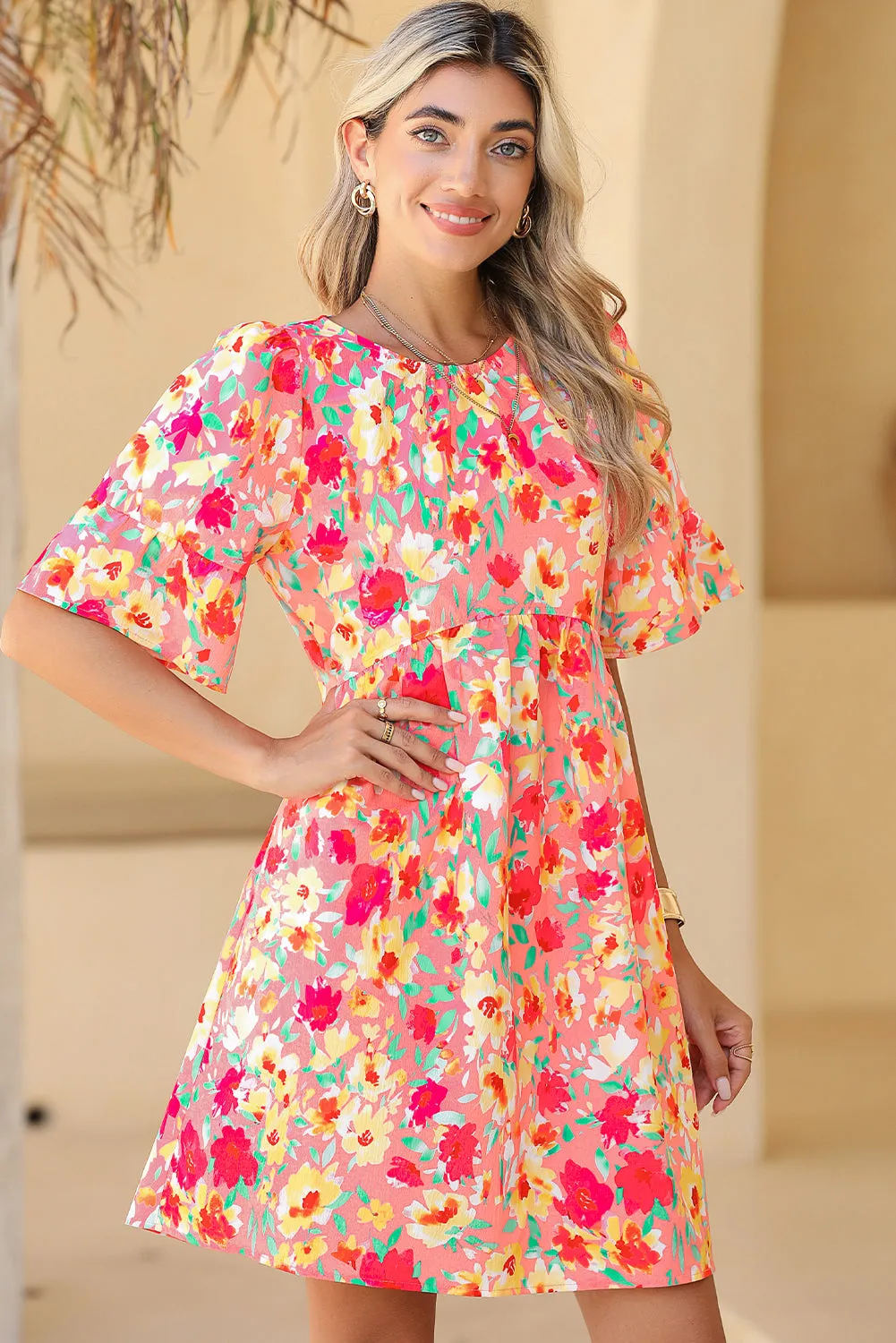 Multicolor Floral Print Flounce Sleeve Pleated Mini Dress