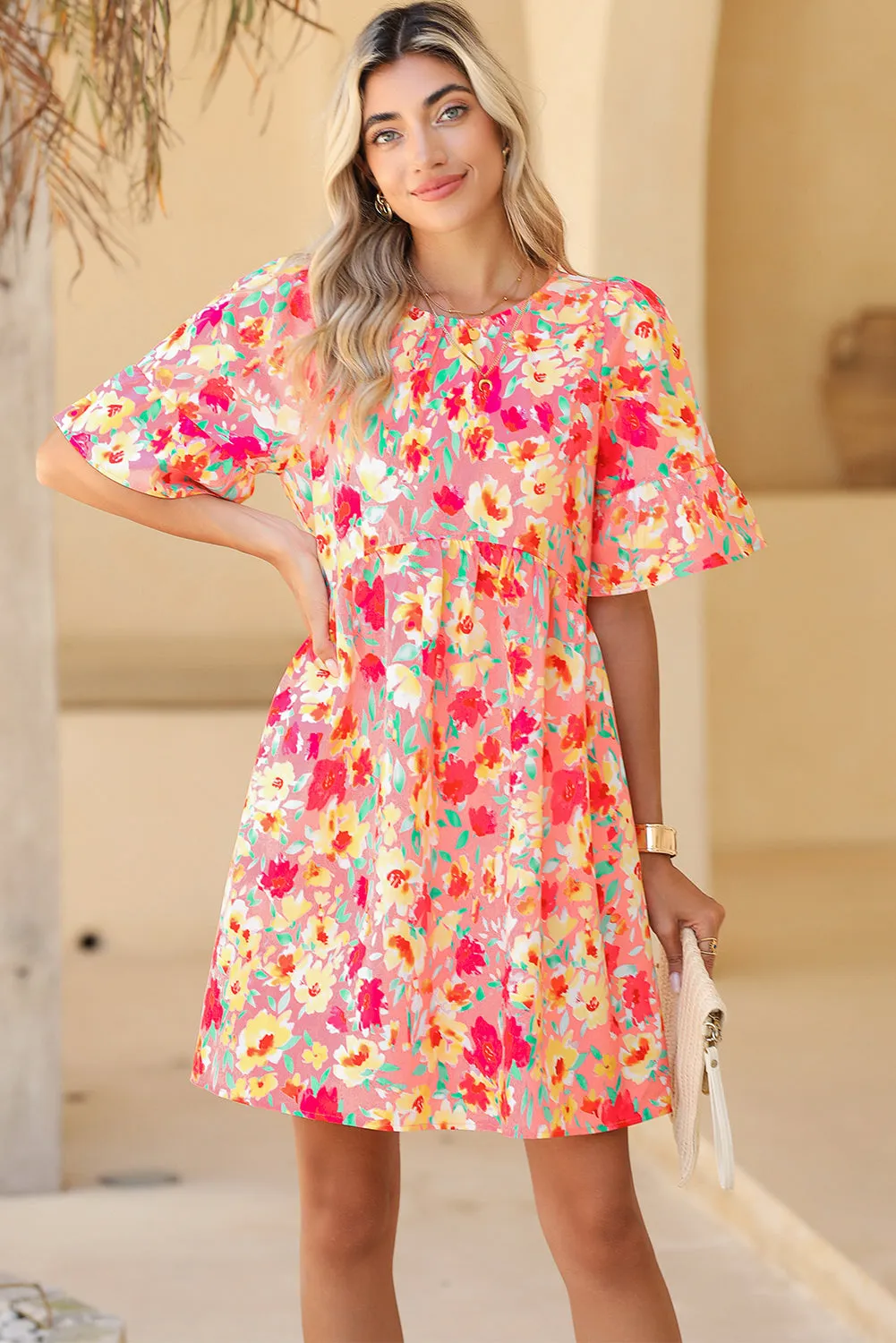 Multicolor Floral Print Flounce Sleeve Pleated Mini Dress