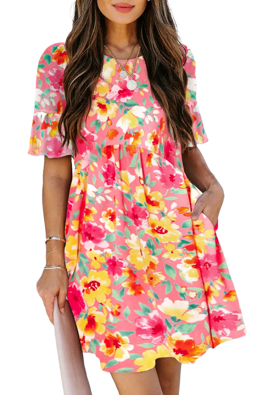 Multicolor Floral Print Flounce Sleeve Pleated Mini Dress