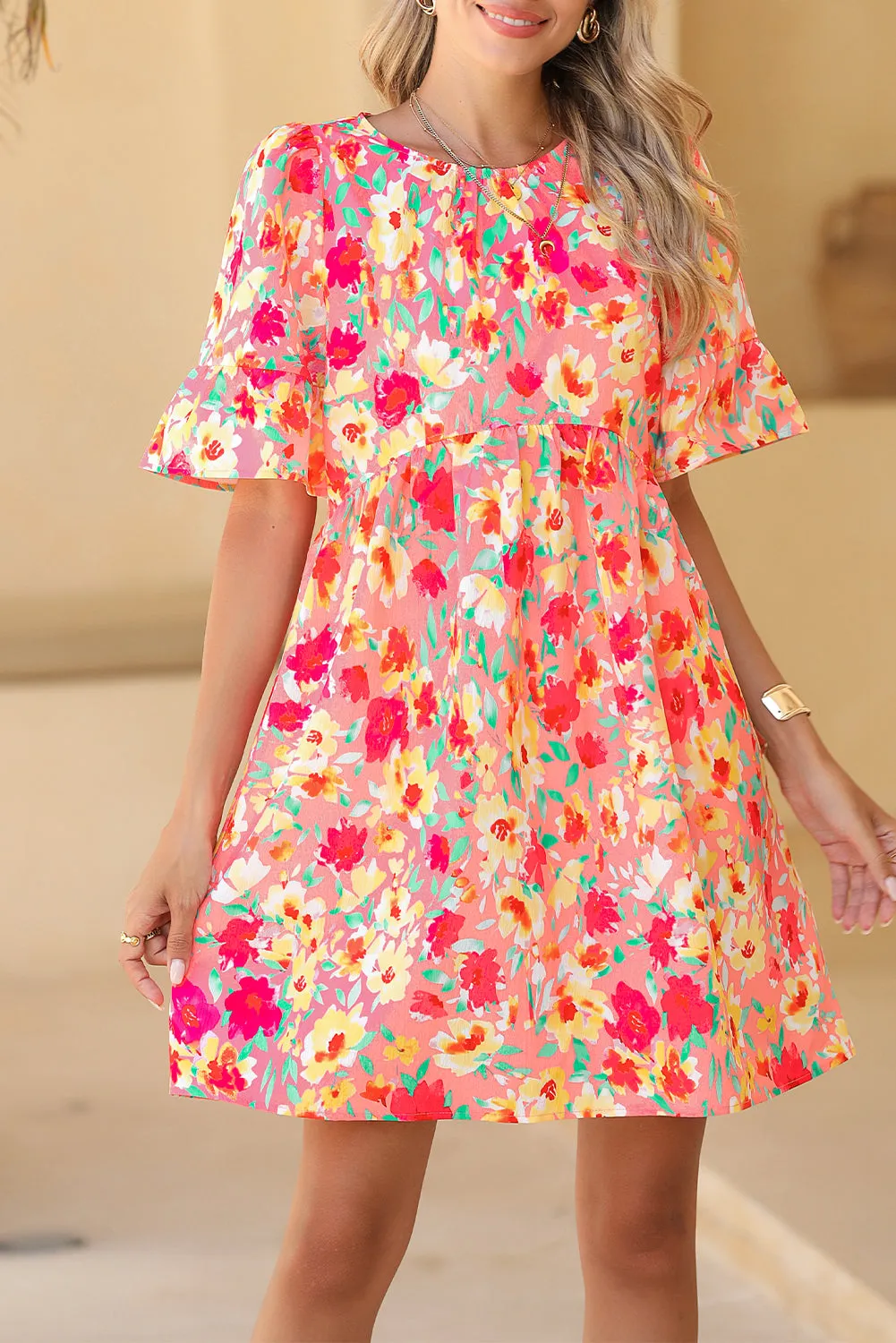 Multicolor Floral Print Flounce Sleeve Pleated Mini Dress