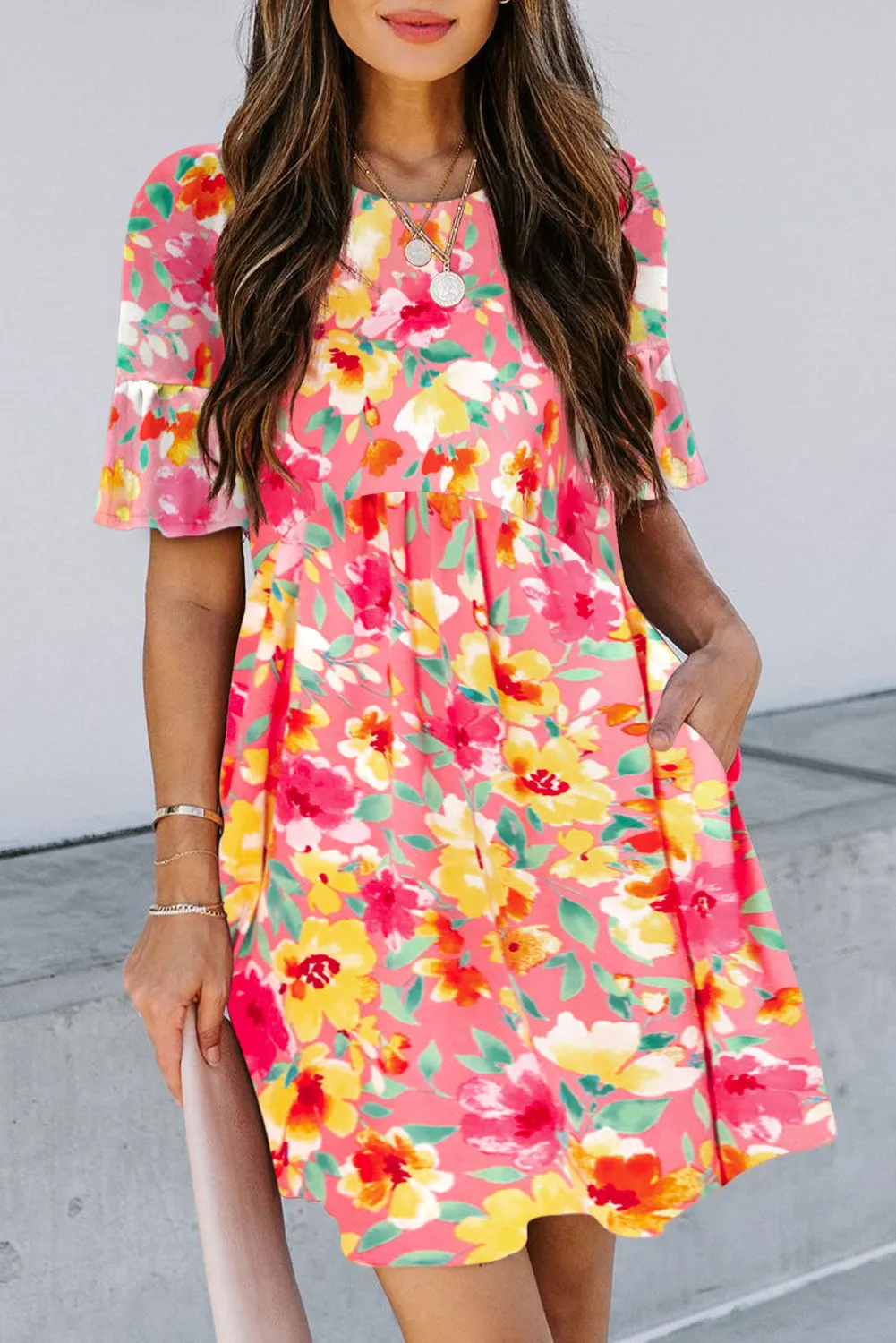 Multicolor Floral Print Flounce Sleeve Pleated Mini Dress