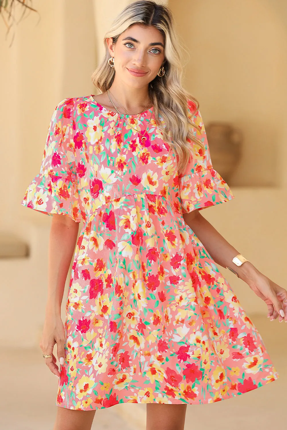 Multicolor Floral Print Flounce Sleeve Pleated Mini Dress