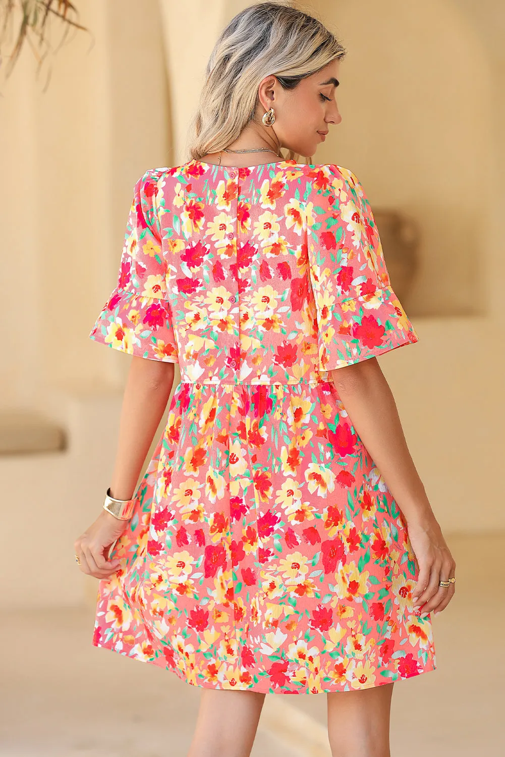 Multicolor Floral Print Flounce Sleeve Pleated Mini Dress