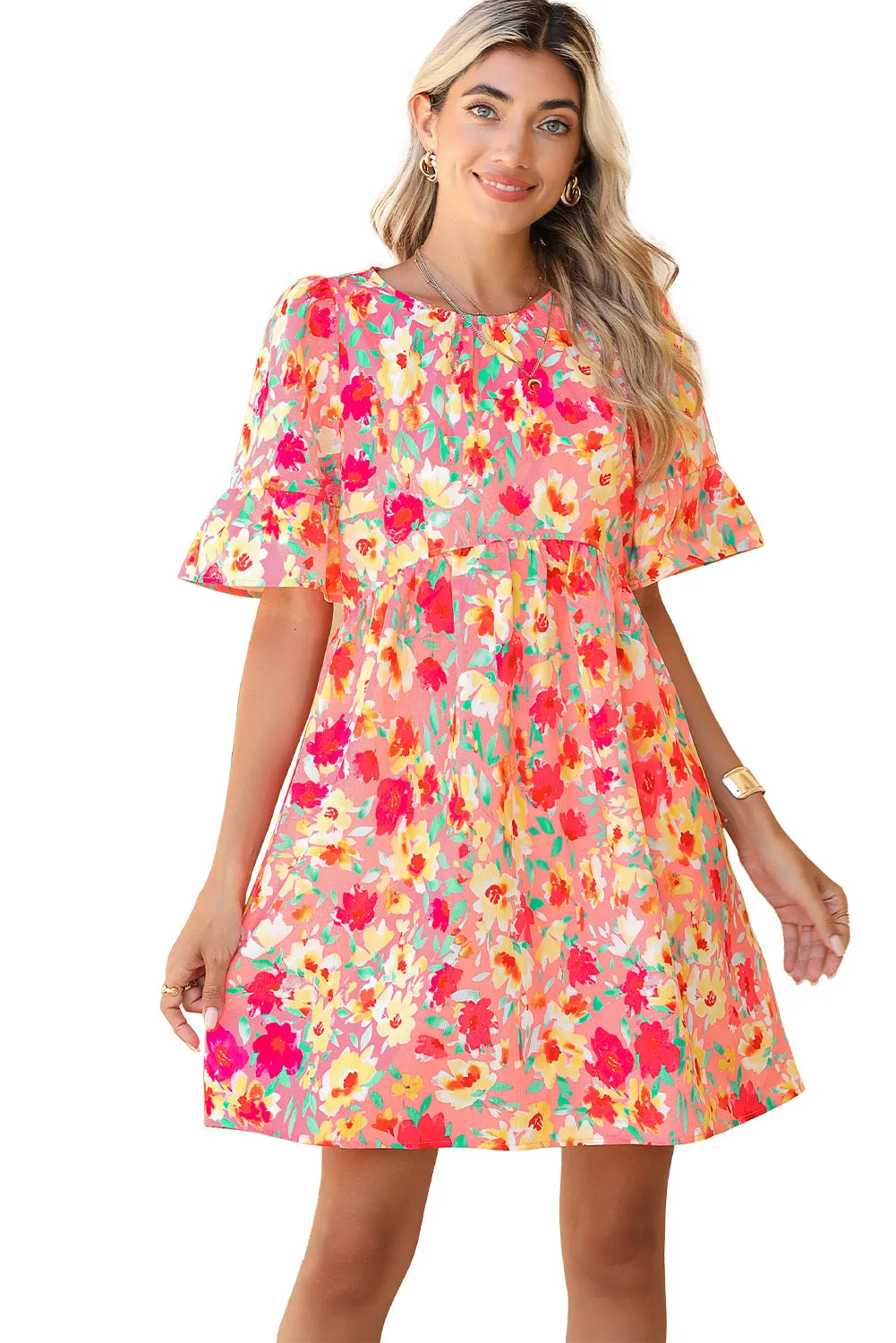 Multicolor Floral Print Flounce Sleeve Pleated Mini Dress