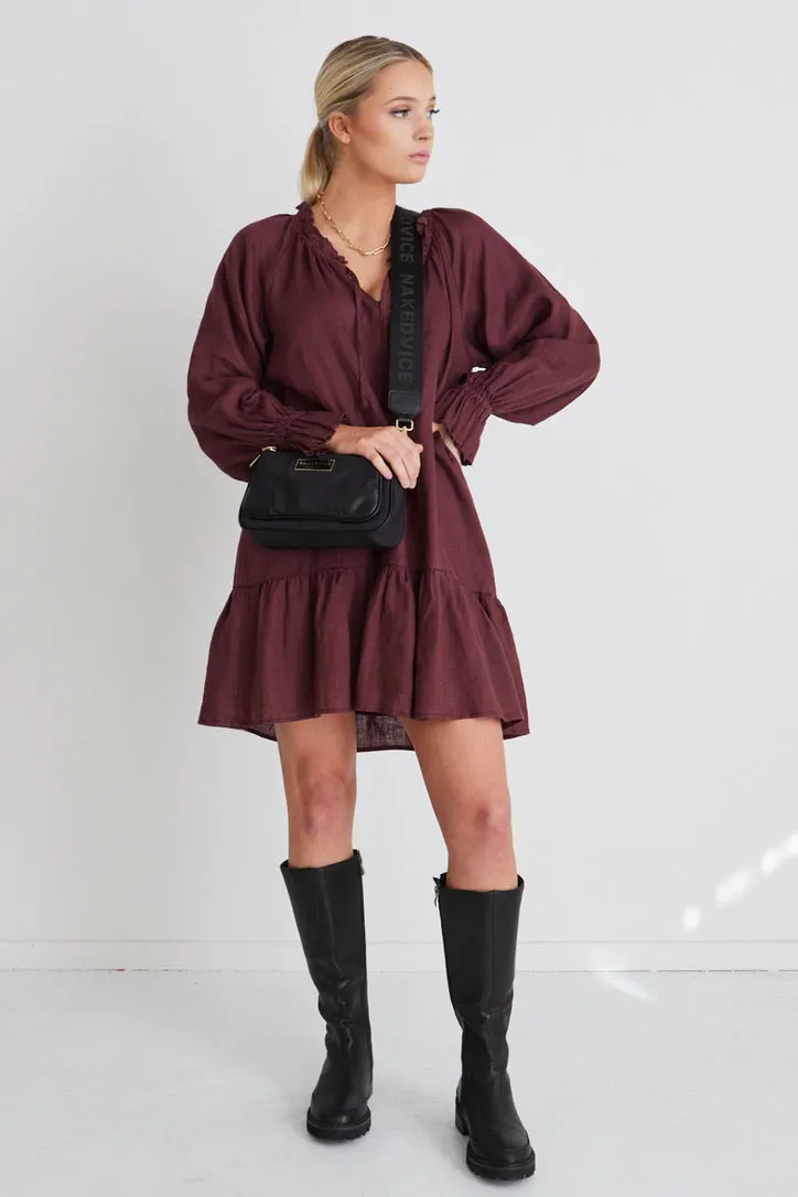 Mystic Raisin Linen Pleated Smock Dress