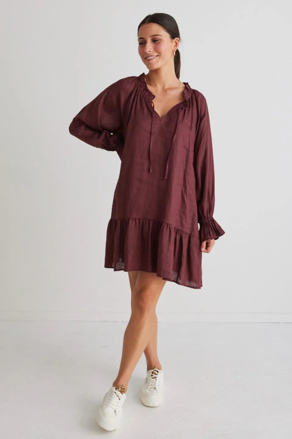 Mystic Raisin Linen Pleated Smock Dress