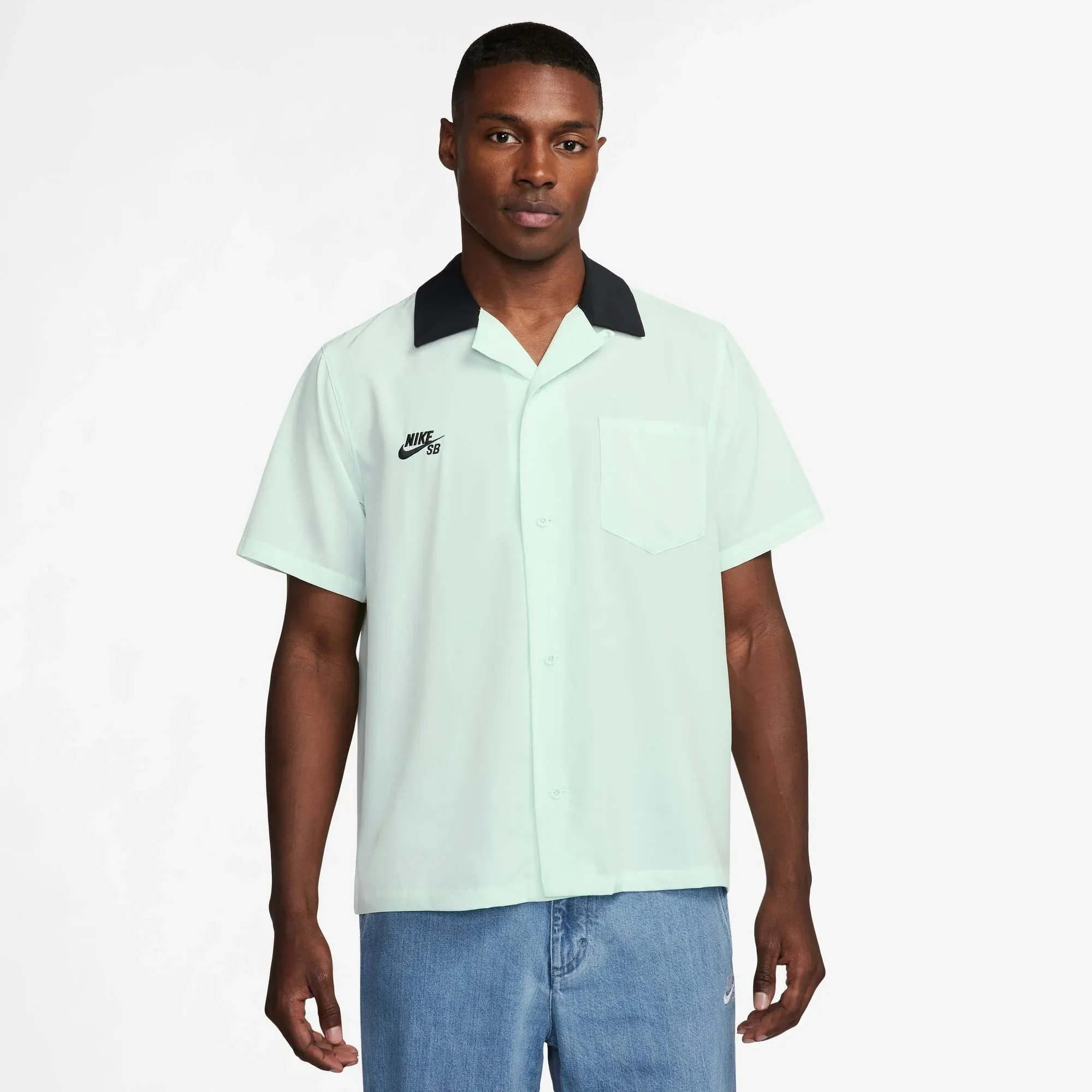 Nike SB Short Sleeve Button Up Skate Bowler Top Barely Green