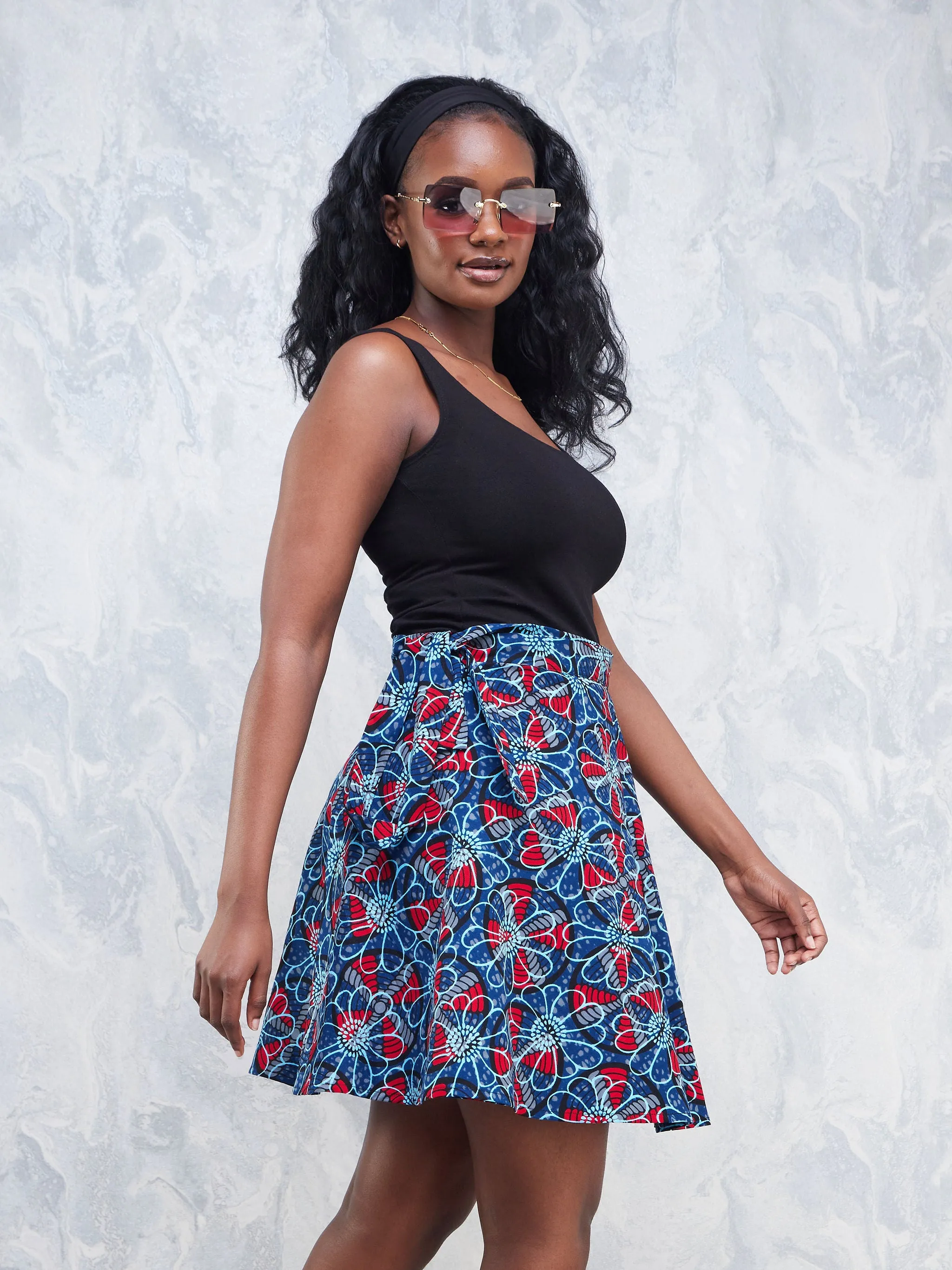 Nimali Mini A-Line Skirt - Red / Blue Ankara Print