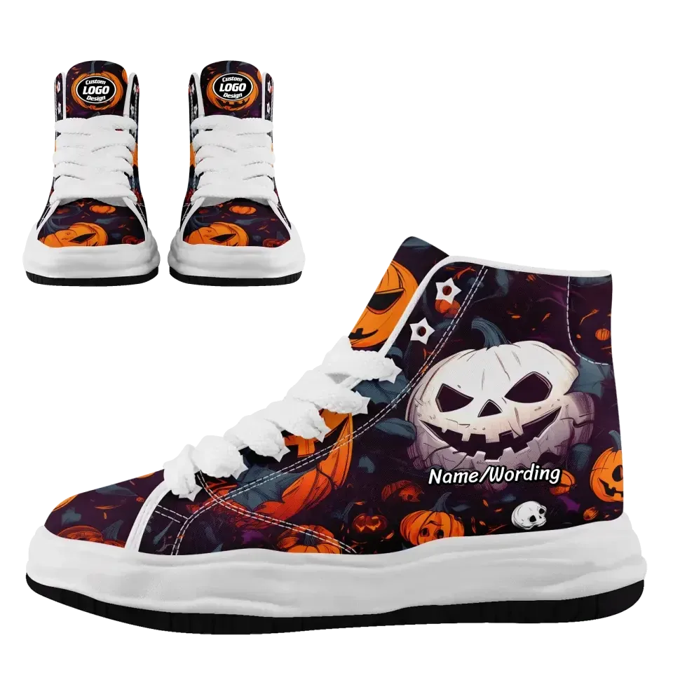 Personalized Pumpkin Sneakers, Custom Ghost,Skeleton,Bat Shoes, Canvas High Top Shoes, Gift for Halloween