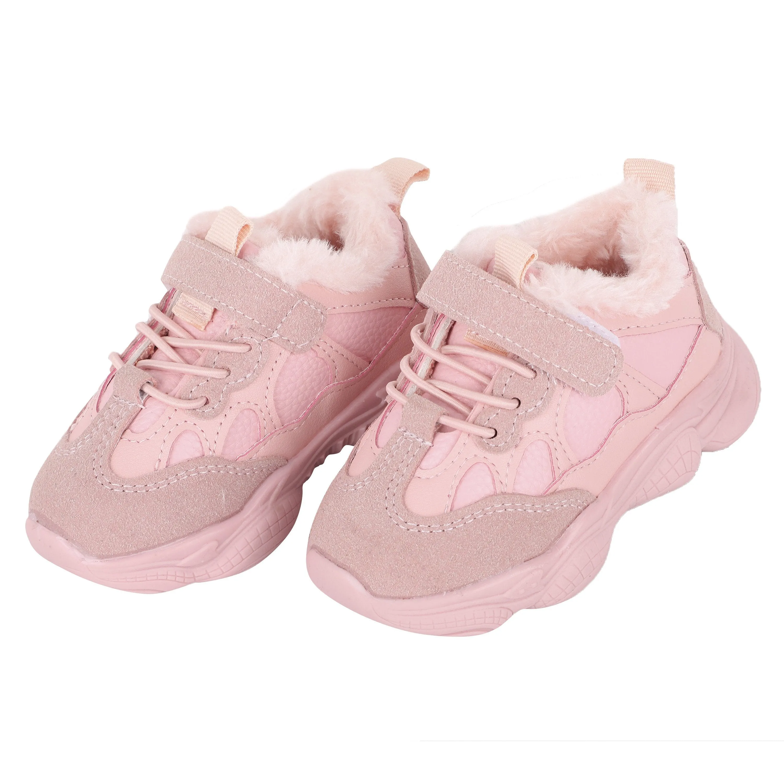 Pink Fur Lace Up Velcro Shoes