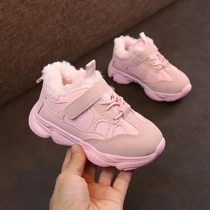 Pink Fur Lace Up Velcro Shoes