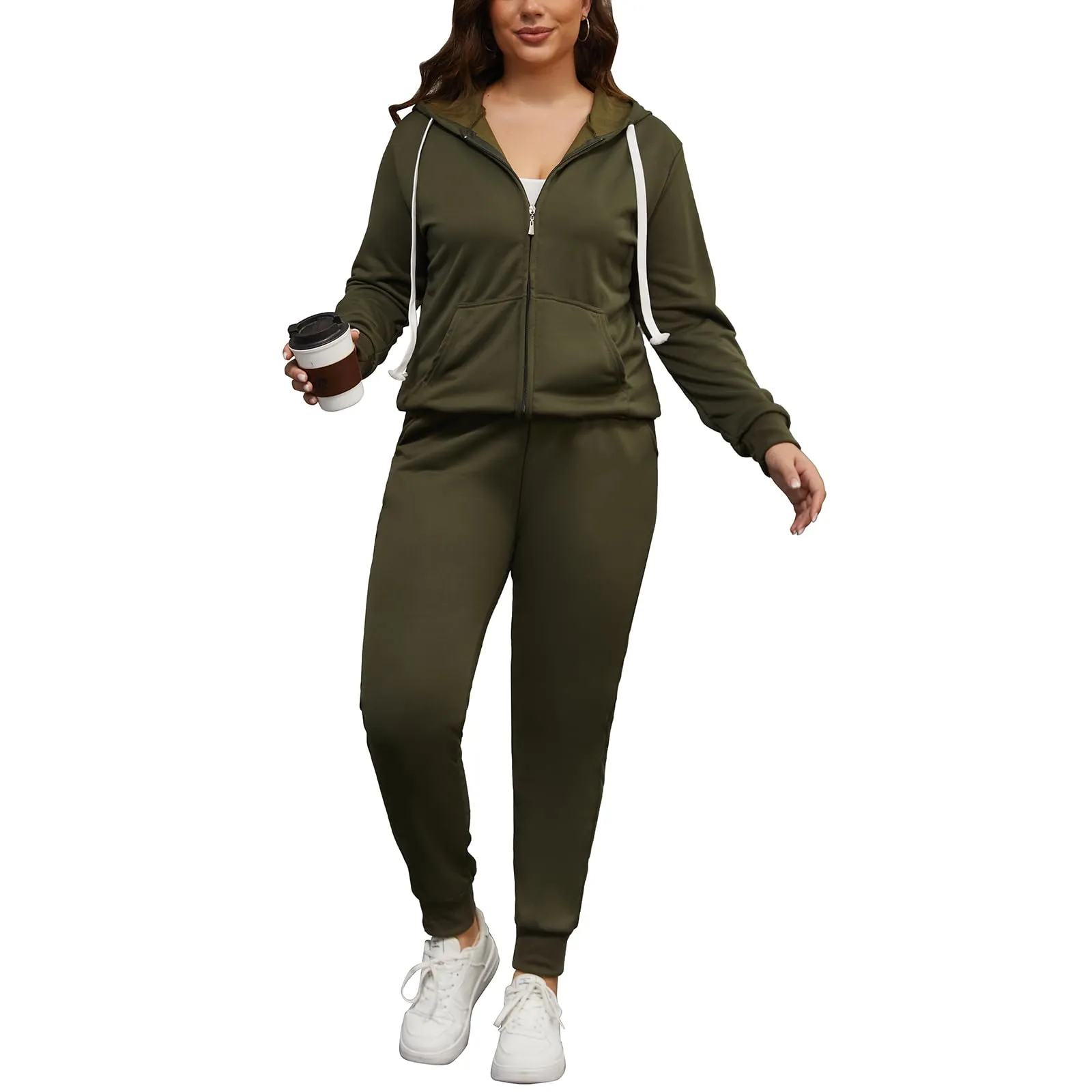 PINSV Women Plus Size 2 Piece Outfits Sweatsuits Full Zip Hooded Sweatshirt Sweatpants Tracksuit Jogging Suits Dark Green 2XL