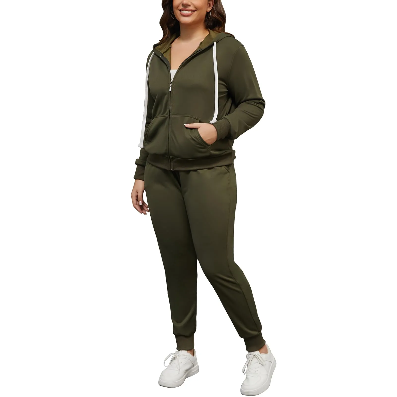 PINSV Women Plus Size 2 Piece Outfits Sweatsuits Full Zip Hooded Sweatshirt Sweatpants Tracksuit Jogging Suits Dark Green 2XL