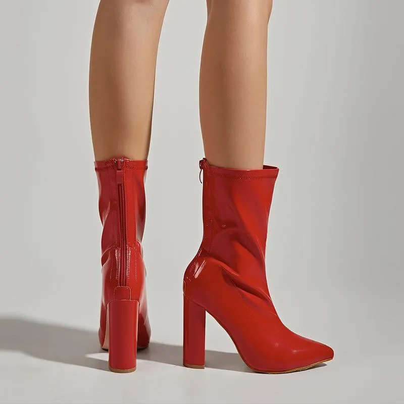 Pointed Toe Thick Heel Red Boots