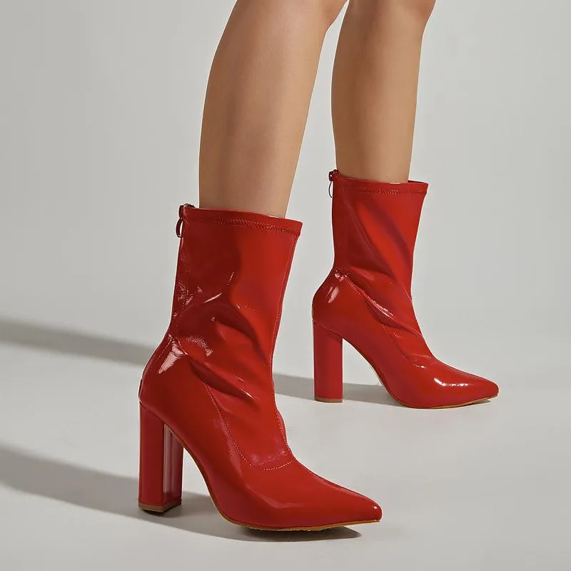 Pointed Toe Thick Heel Red Boots