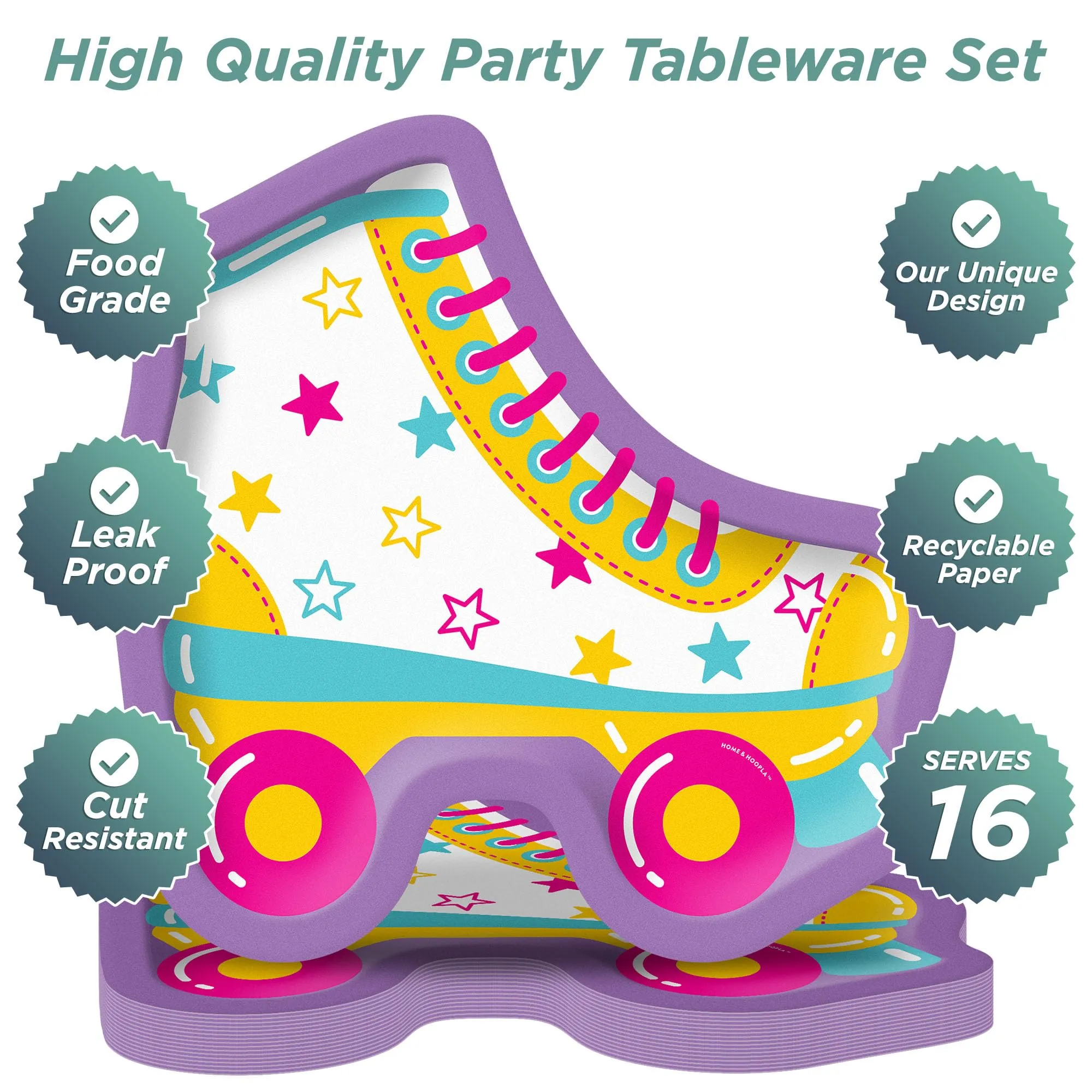 Retro Party Supplies - Roller Skate Shaped Paper Dessert Plates for 16 Guests