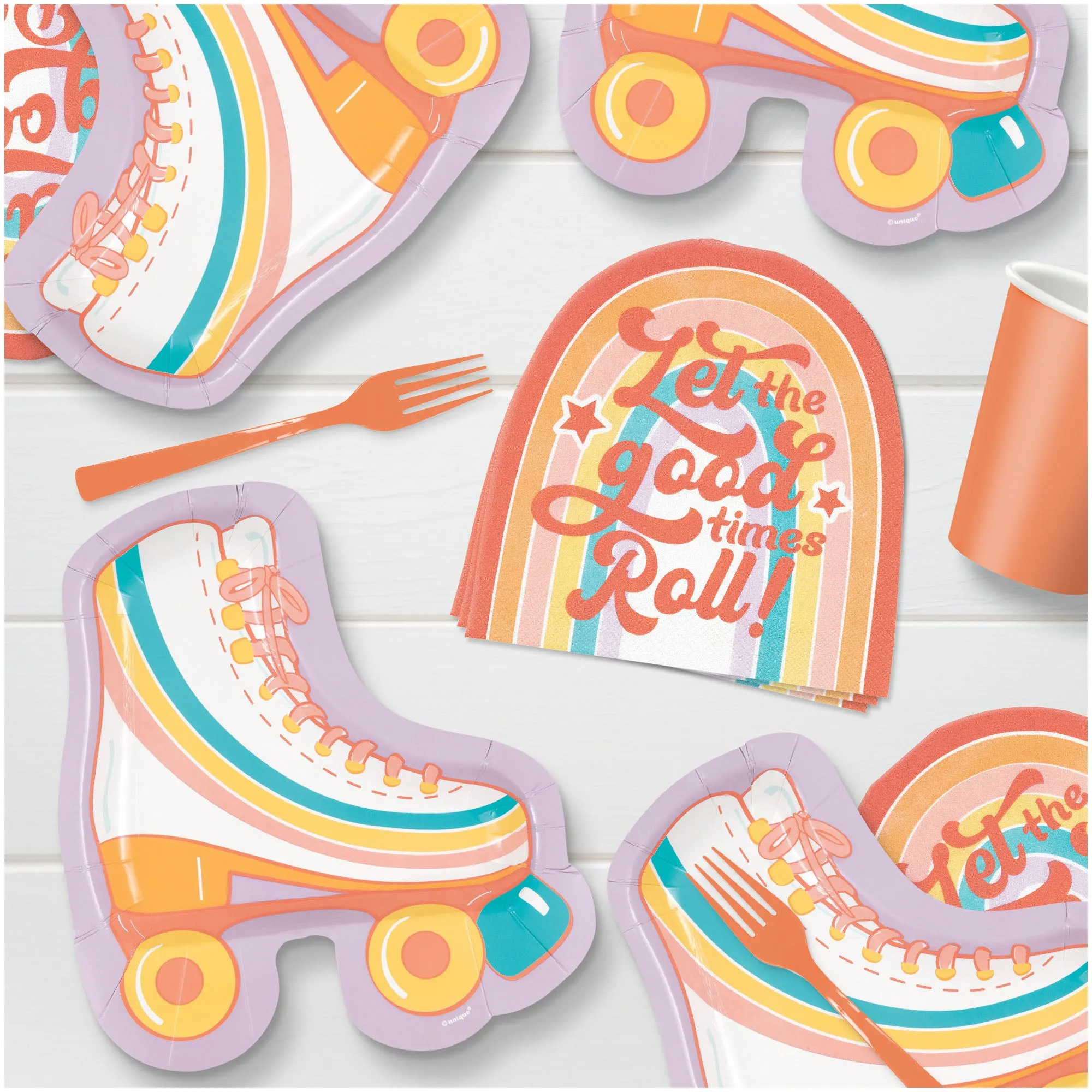 Retro Roller Skate-Shaped Plates & "Let The Good Times Roll" Rainbow-Shaped Napkins