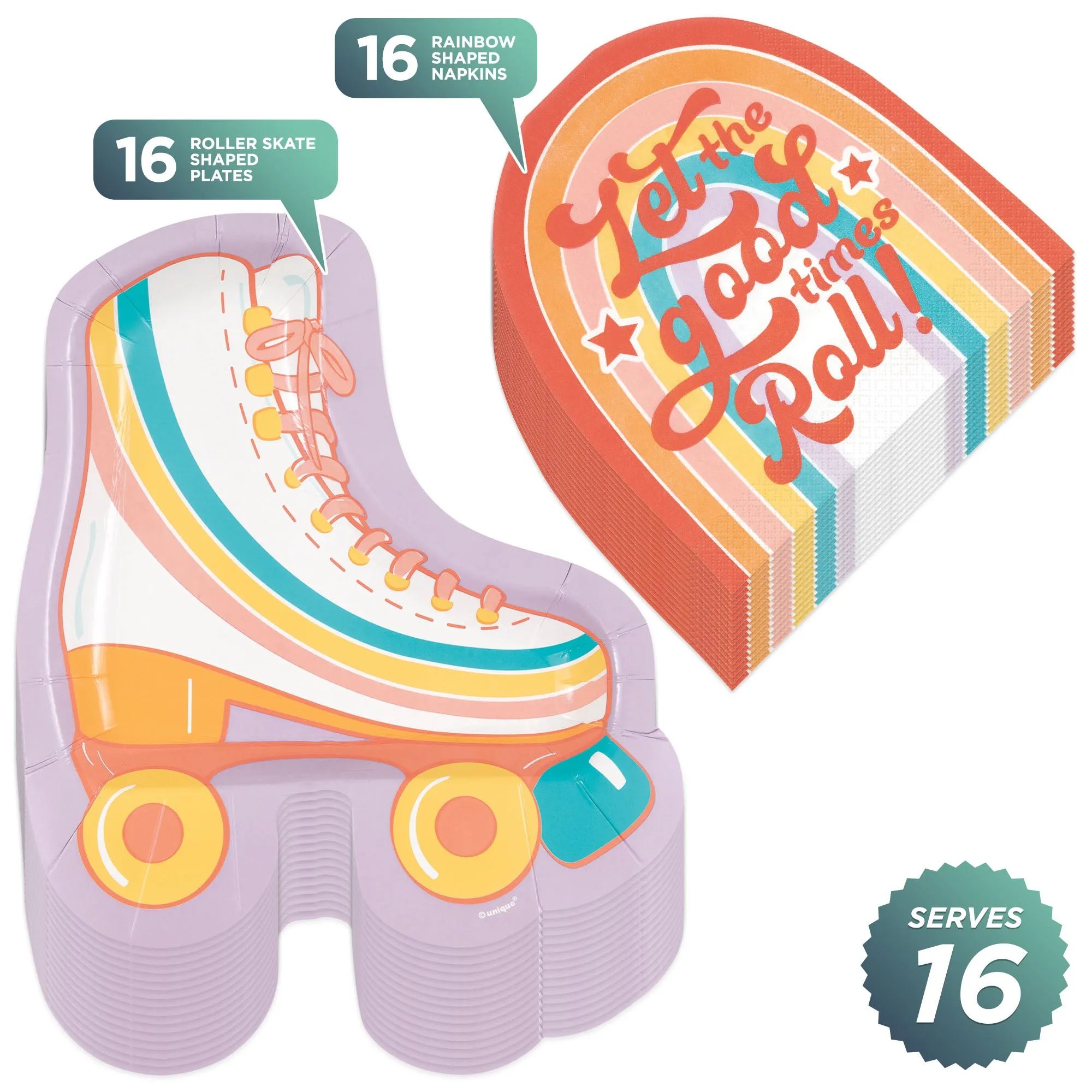 Retro Roller Skate-Shaped Plates & "Let The Good Times Roll" Rainbow-Shaped Napkins