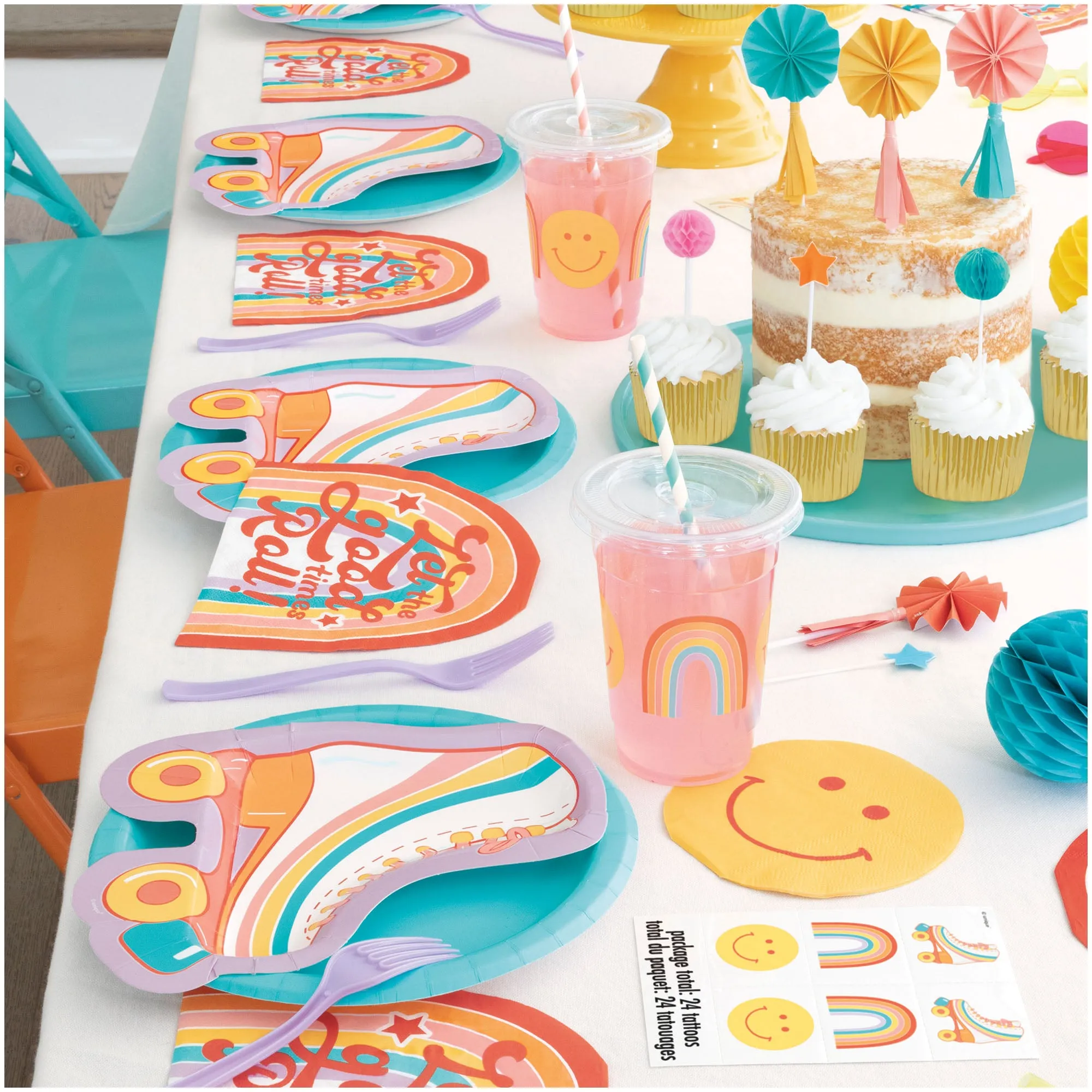 Retro Roller Skate-Shaped Plates & "Let The Good Times Roll" Rainbow-Shaped Napkins