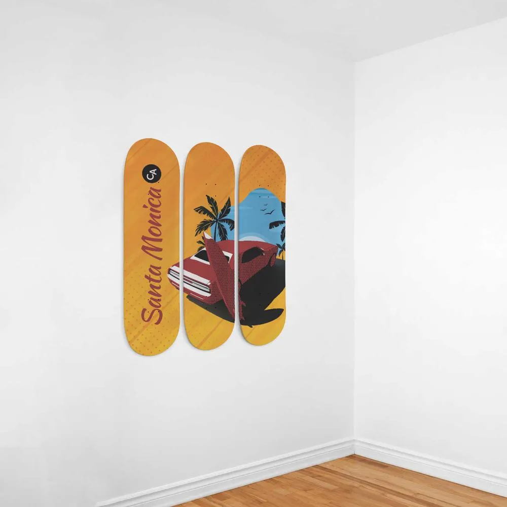 Santa Monica, Beach, Surf and Red Dodge Car | Skateboard Wall Art, Mural & Skate Deck Art | Home Decor | Wall Decor