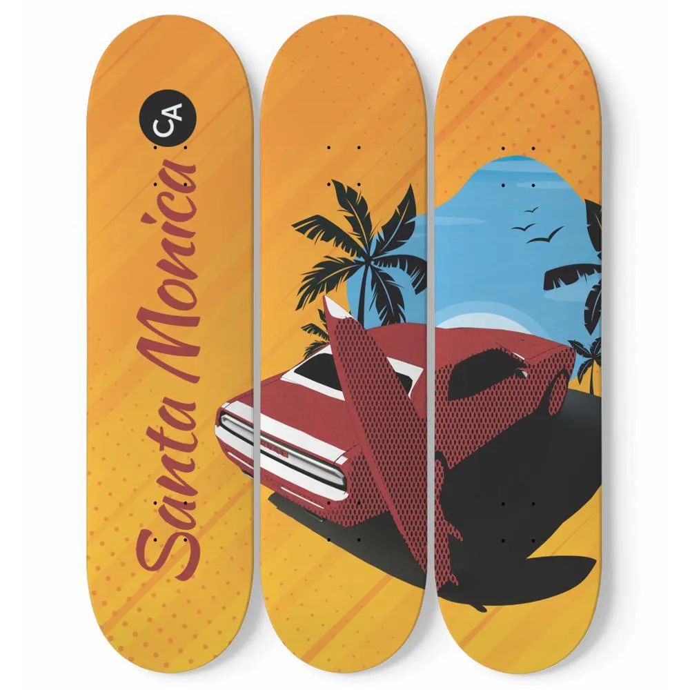 Santa Monica, Beach, Surf and Red Dodge Car | Skateboard Wall Art, Mural & Skate Deck Art | Home Decor | Wall Decor