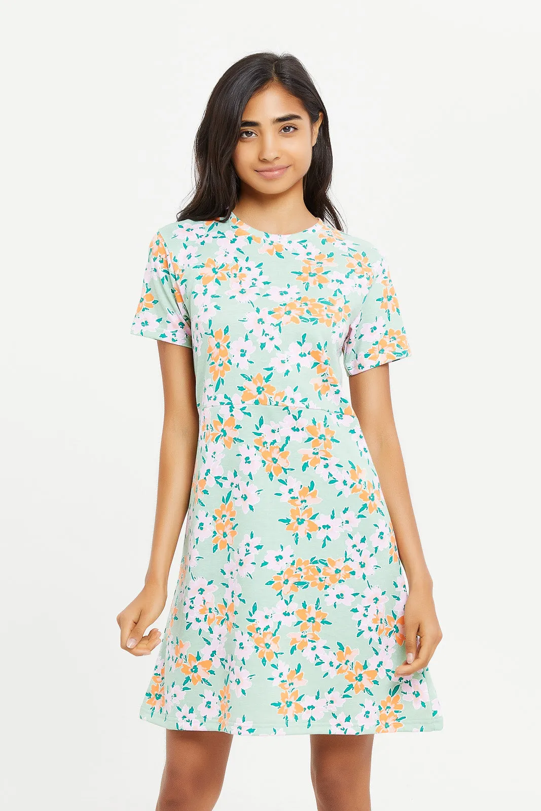 Senior Girls Mint Floral Printed Dress