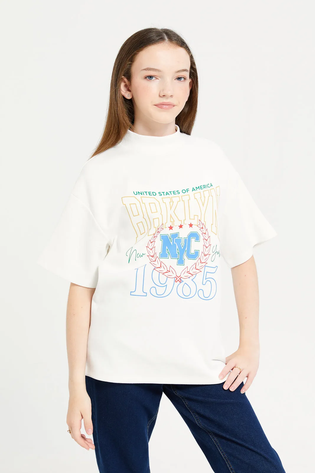 Senior Girls White Embellished Oversized Top