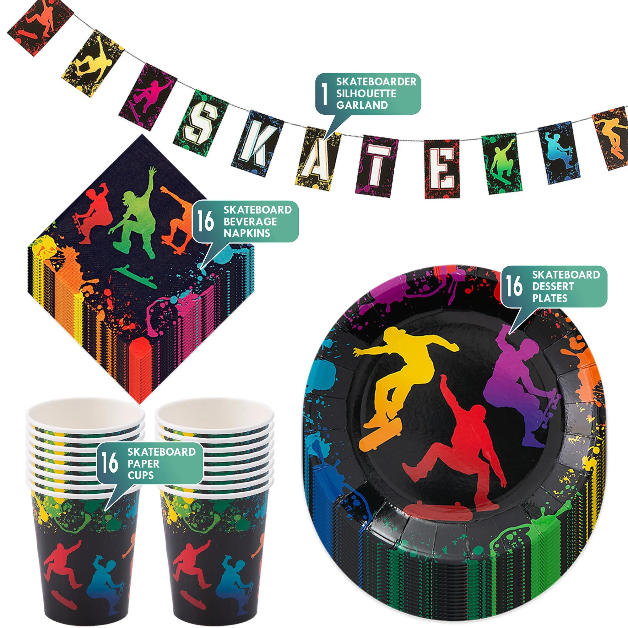 Skate Party Supplies - Paint Splatter Graffiti Plates, Napkins, Cups, & Banner (Serves 16)