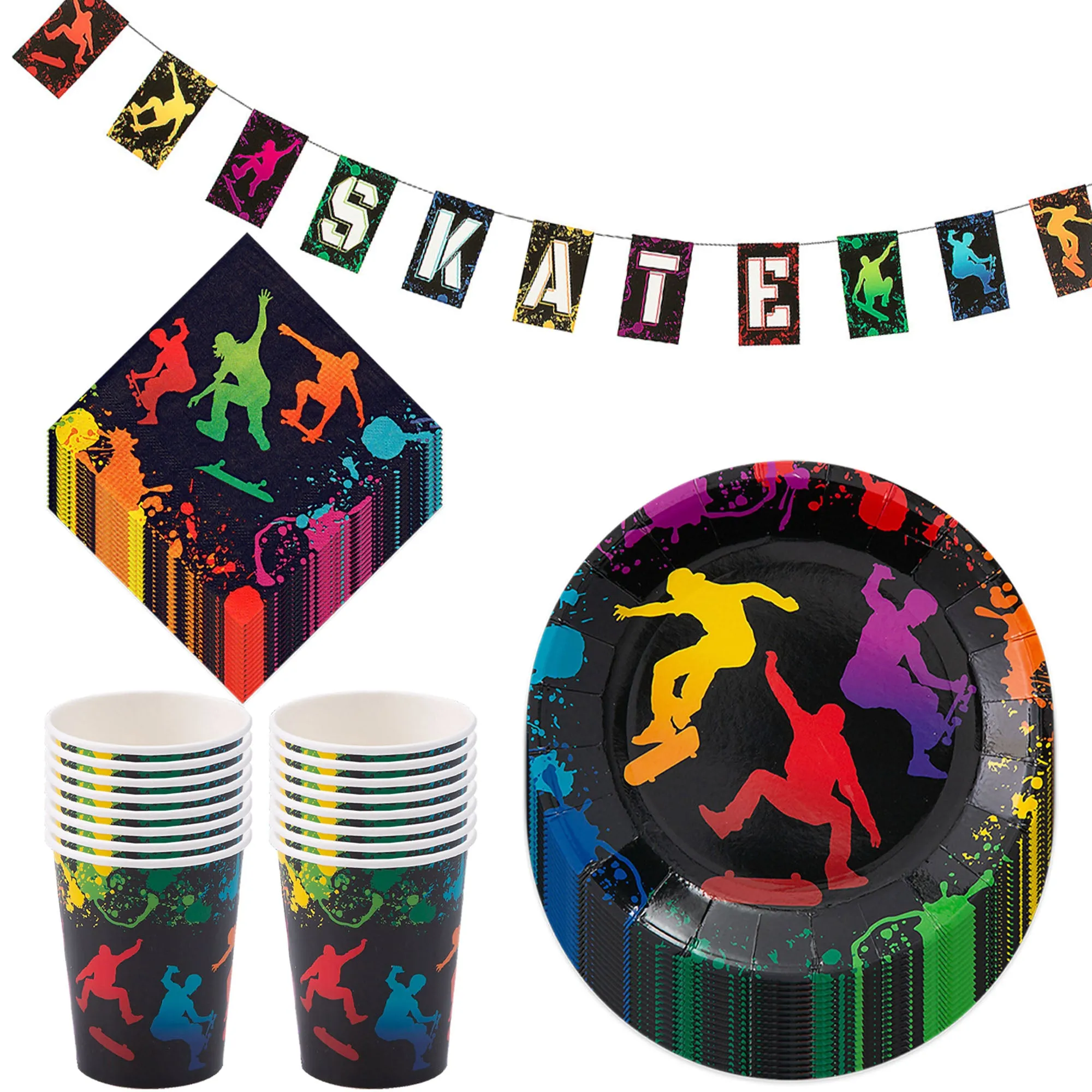 Skate Party Supplies - Paint Splatter Graffiti Plates, Napkins, Cups, & Banner (Serves 16)