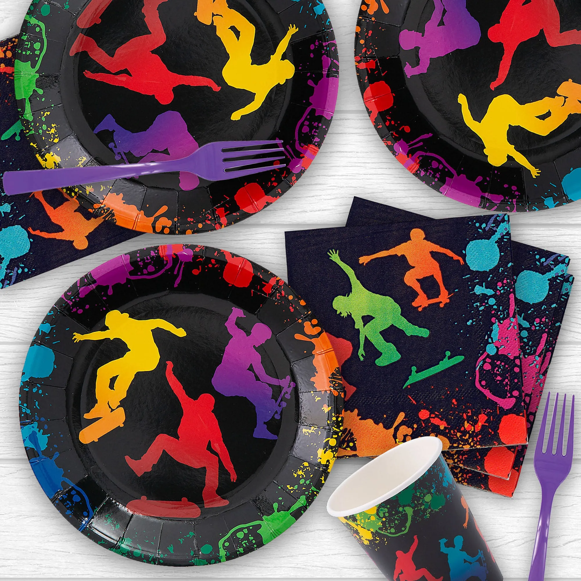 Skate Party Supplies - Paint Splatter Graffiti Plates, Napkins, Cups, & Banner (Serves 16)