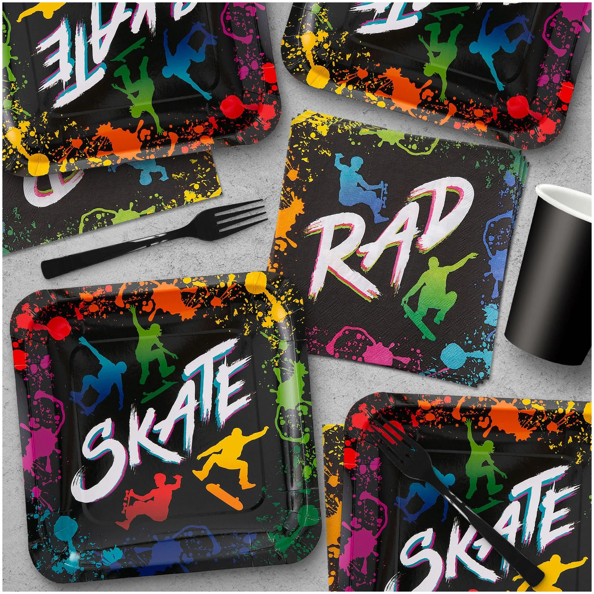 Skate Party Supplies - Paint Splatter Skater Paper Plates and Rad Napkins (Serves 16)