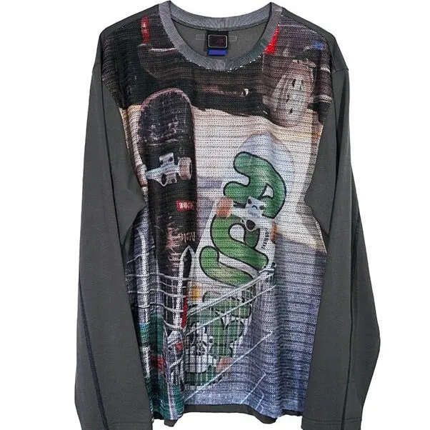 Skate Print Oversized Long Sleeve Gray Unisex Shirt