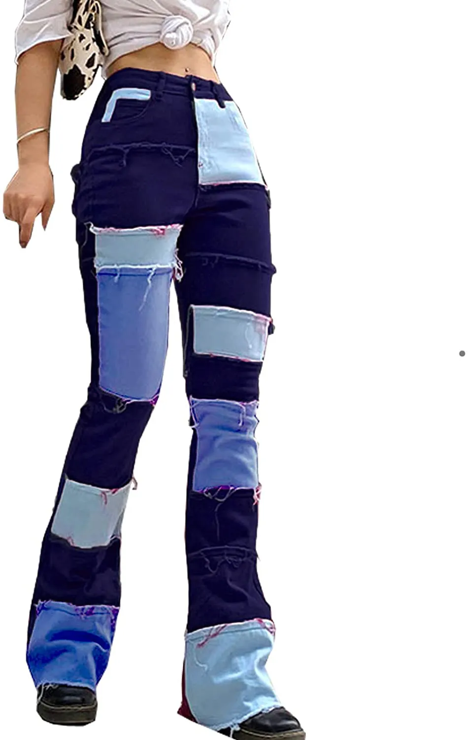 Syydn Women's High Waisted Stretch Patchwork Straight Jeans Sexy Denim Pants