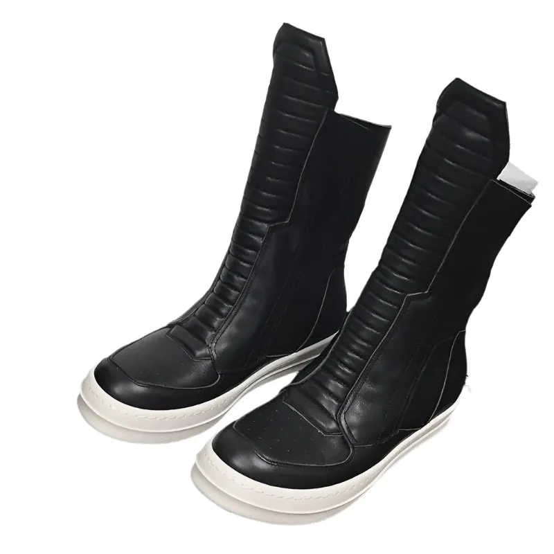 TEEK - Motorcycle Leather Luxury Mid-Calf Zip Flats Boots