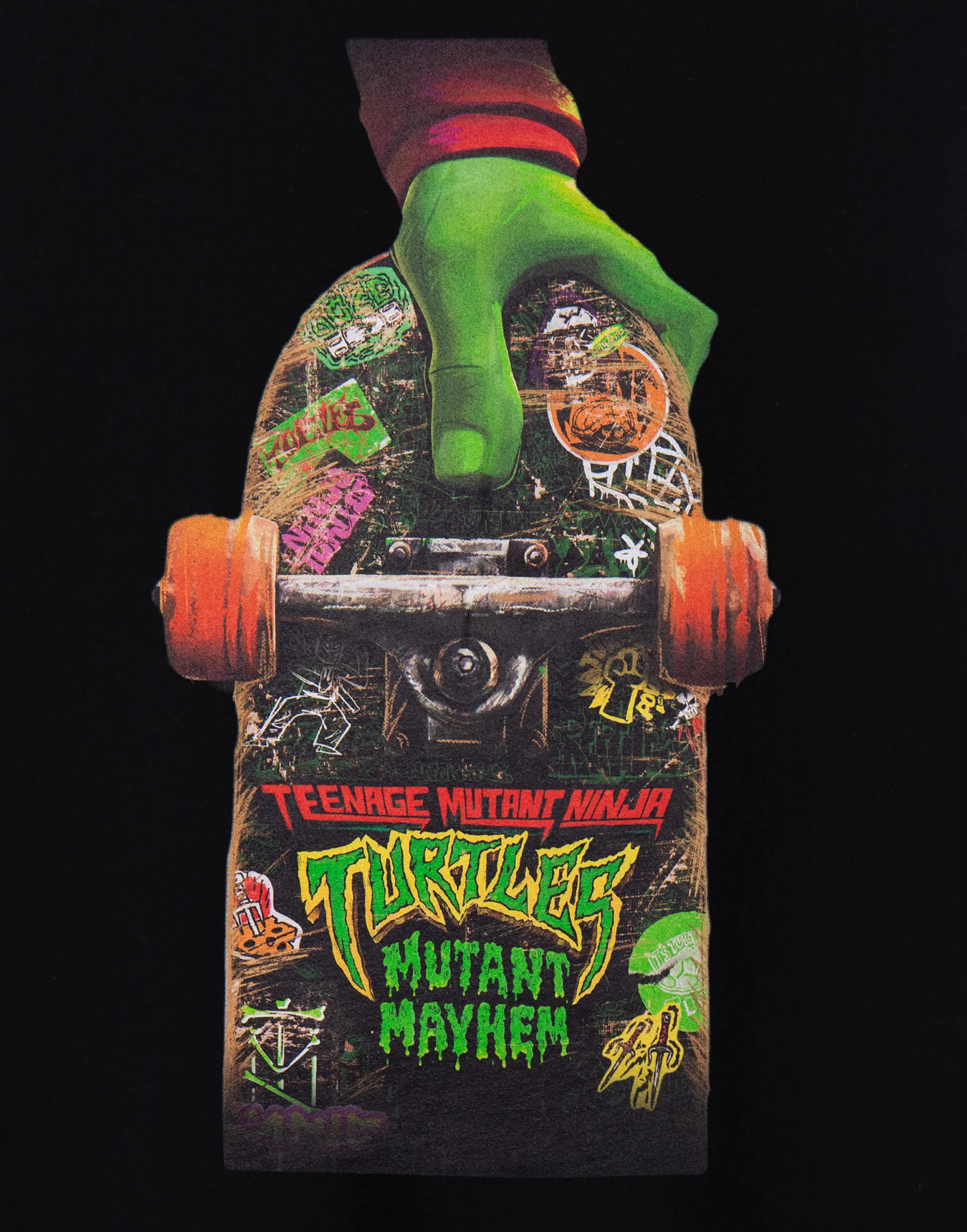 Teenage Mutant Ninja Turtles Mens Black Mutant Mayhem Skateboard Design Short-Sleeved T-Shirt