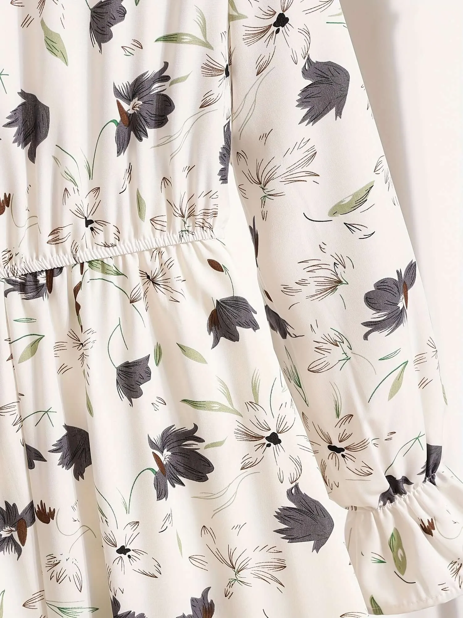 Tropical Breeze: Floral Print Tie Neck Long Sleeve Dress