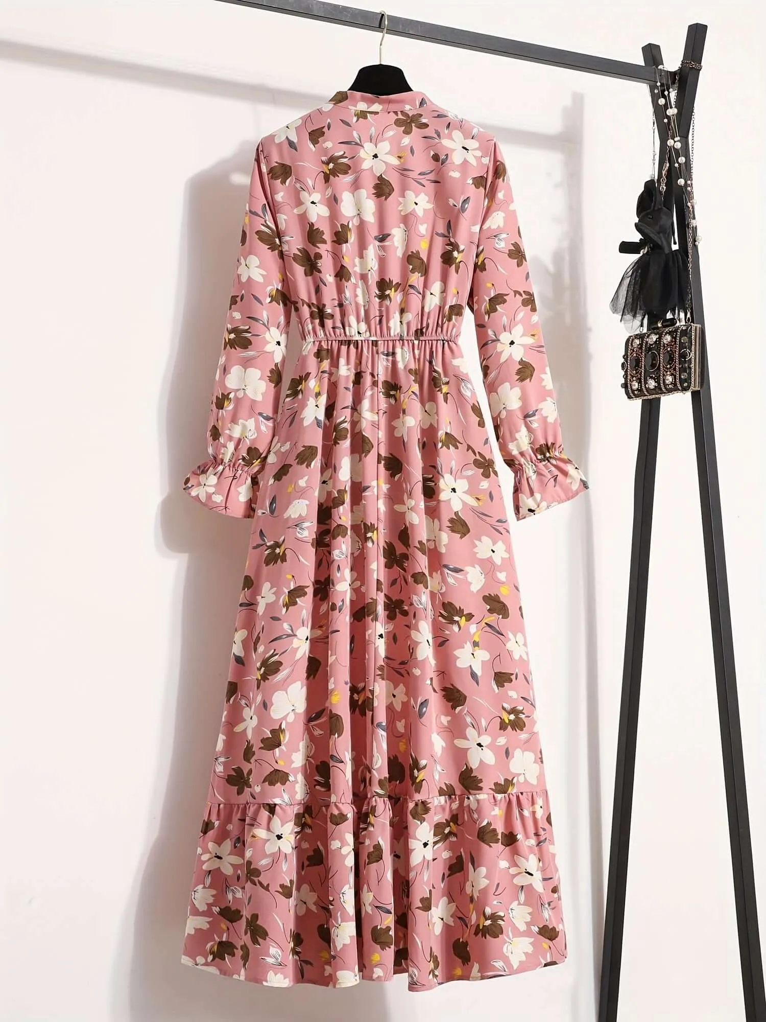 Tropical Breeze: Floral Print Tie Neck Long Sleeve Dress