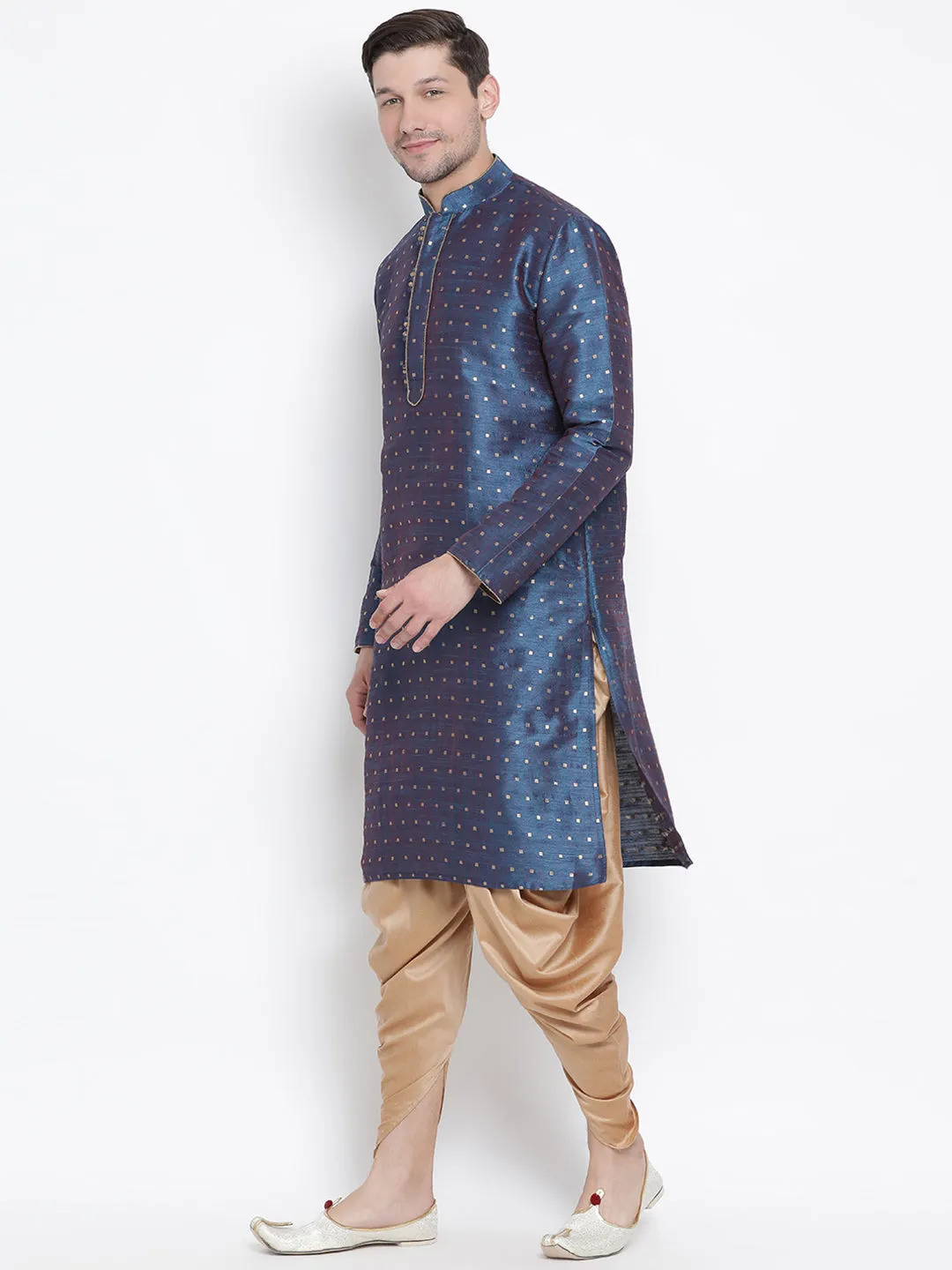 VASTRAMAY Men's Blue Zari Kurta Dhoti