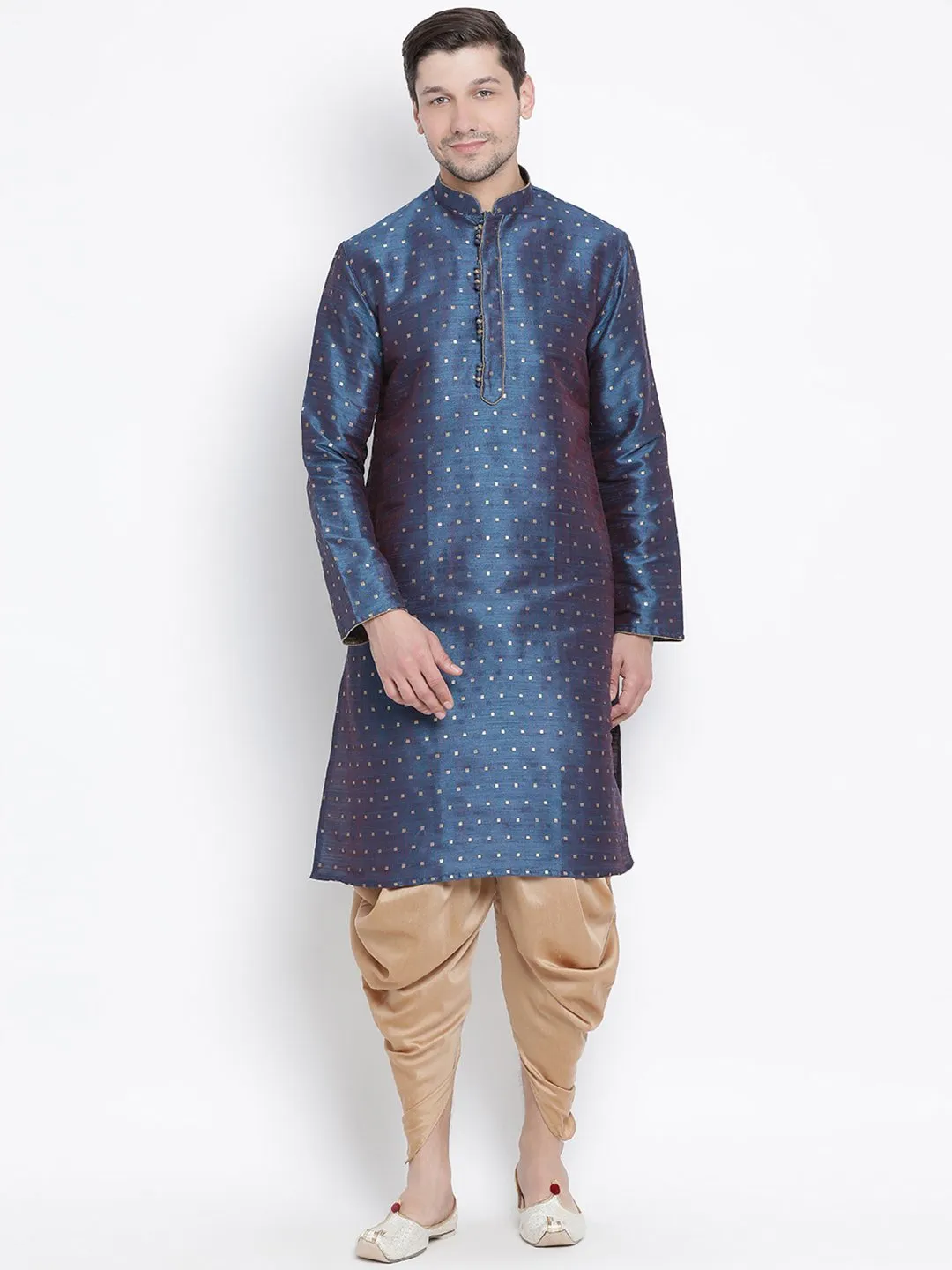 VASTRAMAY Men's Blue Zari Kurta Dhoti