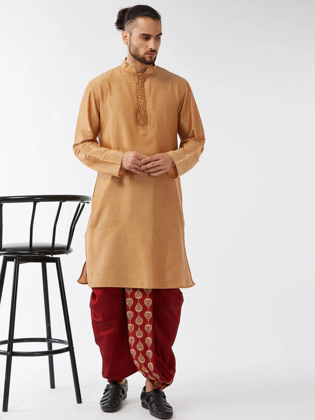 VASTRAMAY Men's Gold Kurta With Dhoti