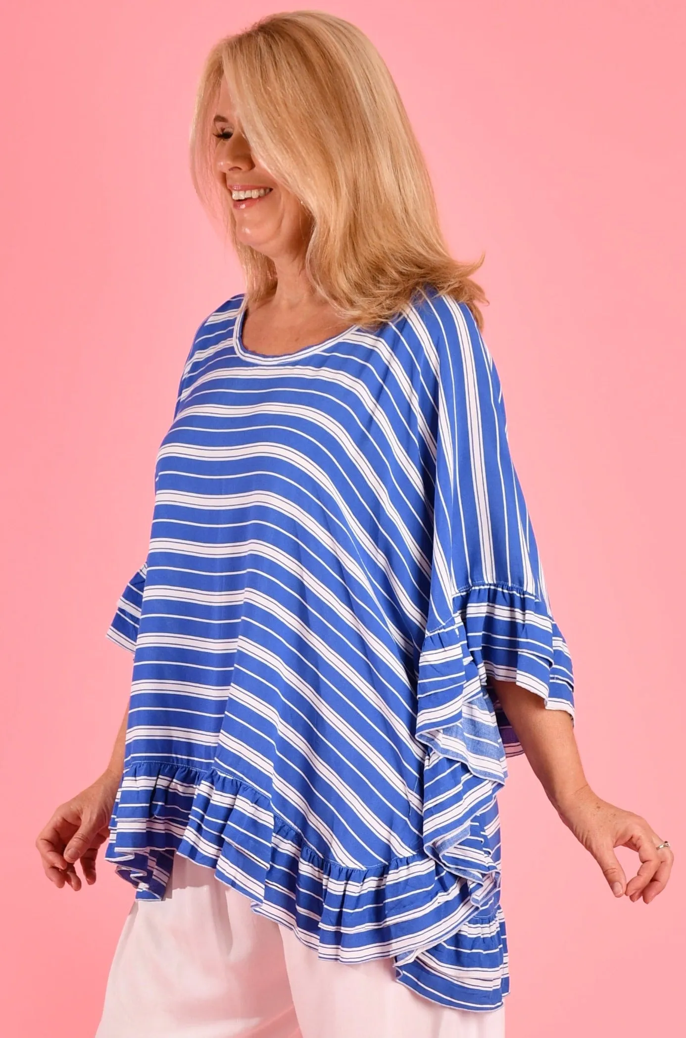 VBLT111 - RELAXED TOP WITH DOUBLE FRILL - SAILOR STRIPE BLUE