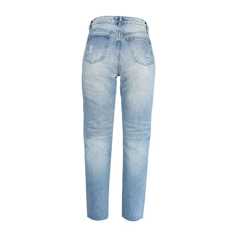 Vibrant Cut Out Faded Frayed Straight Leg Jeans - Light Blue