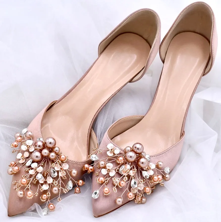 Wedding Accessories - Pearl and Crystal Rose Gold Bridal Shoe Clips