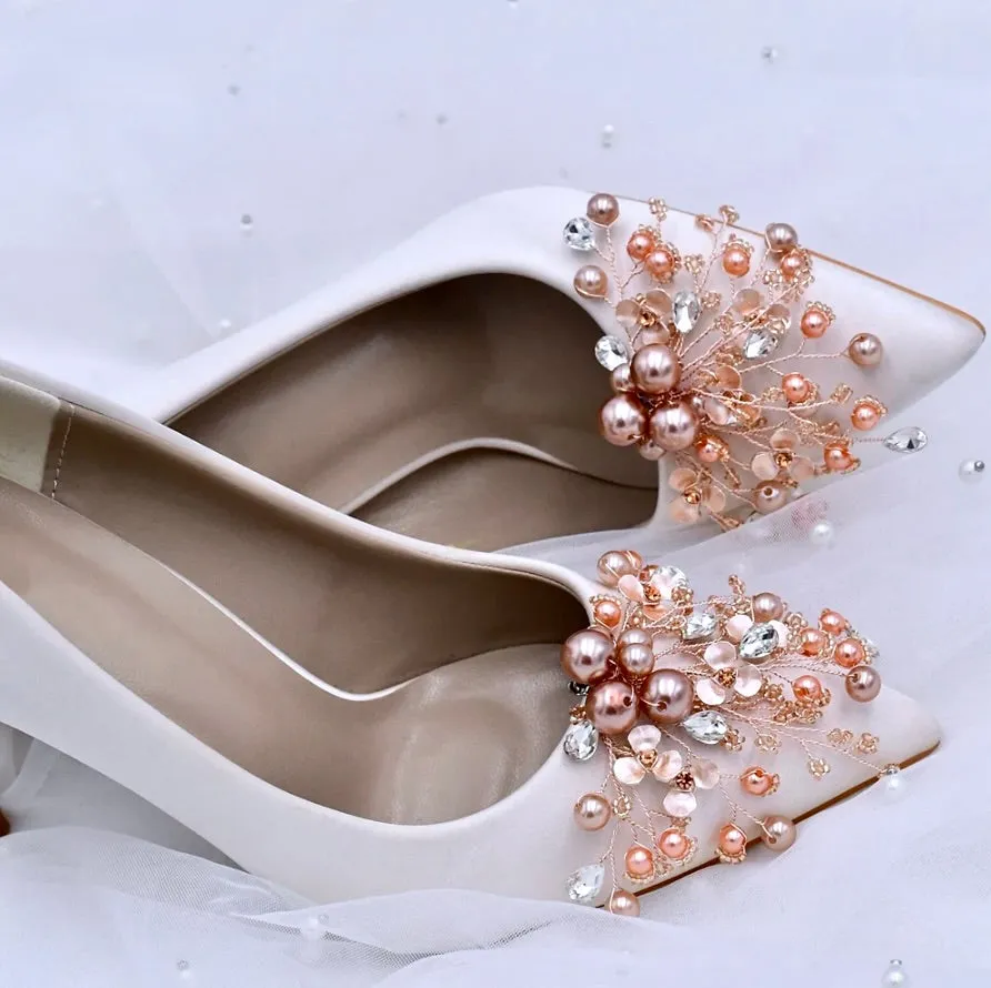 Wedding Accessories - Pearl and Crystal Rose Gold Bridal Shoe Clips